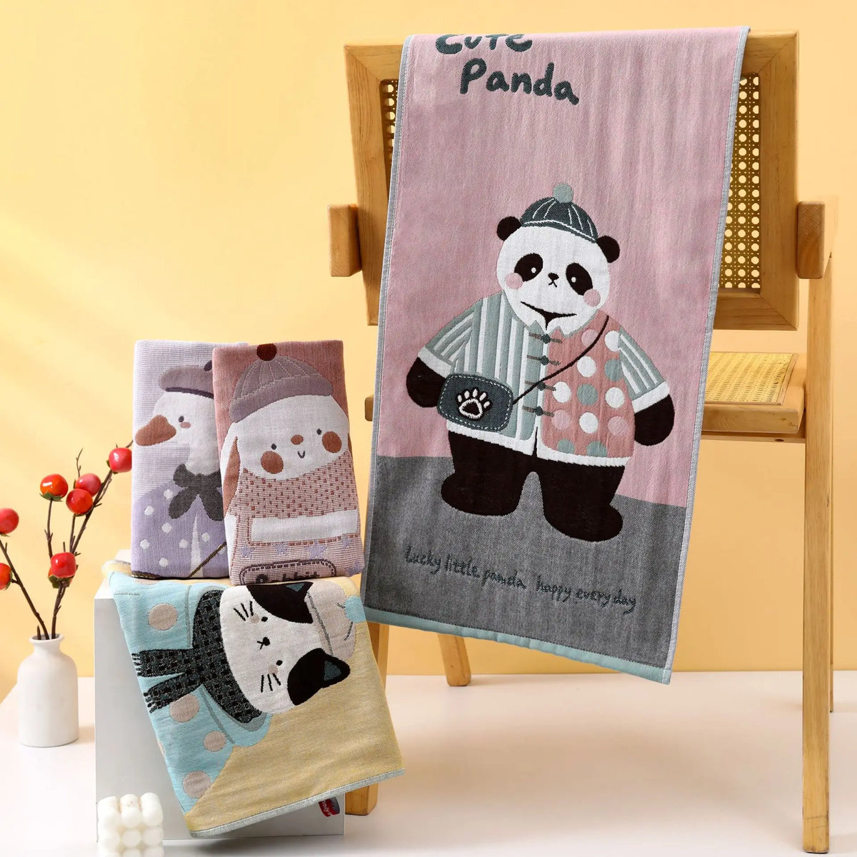 serviettes coton biologique noël dessins animaux ours panda chat ours polaire rose gris bleu