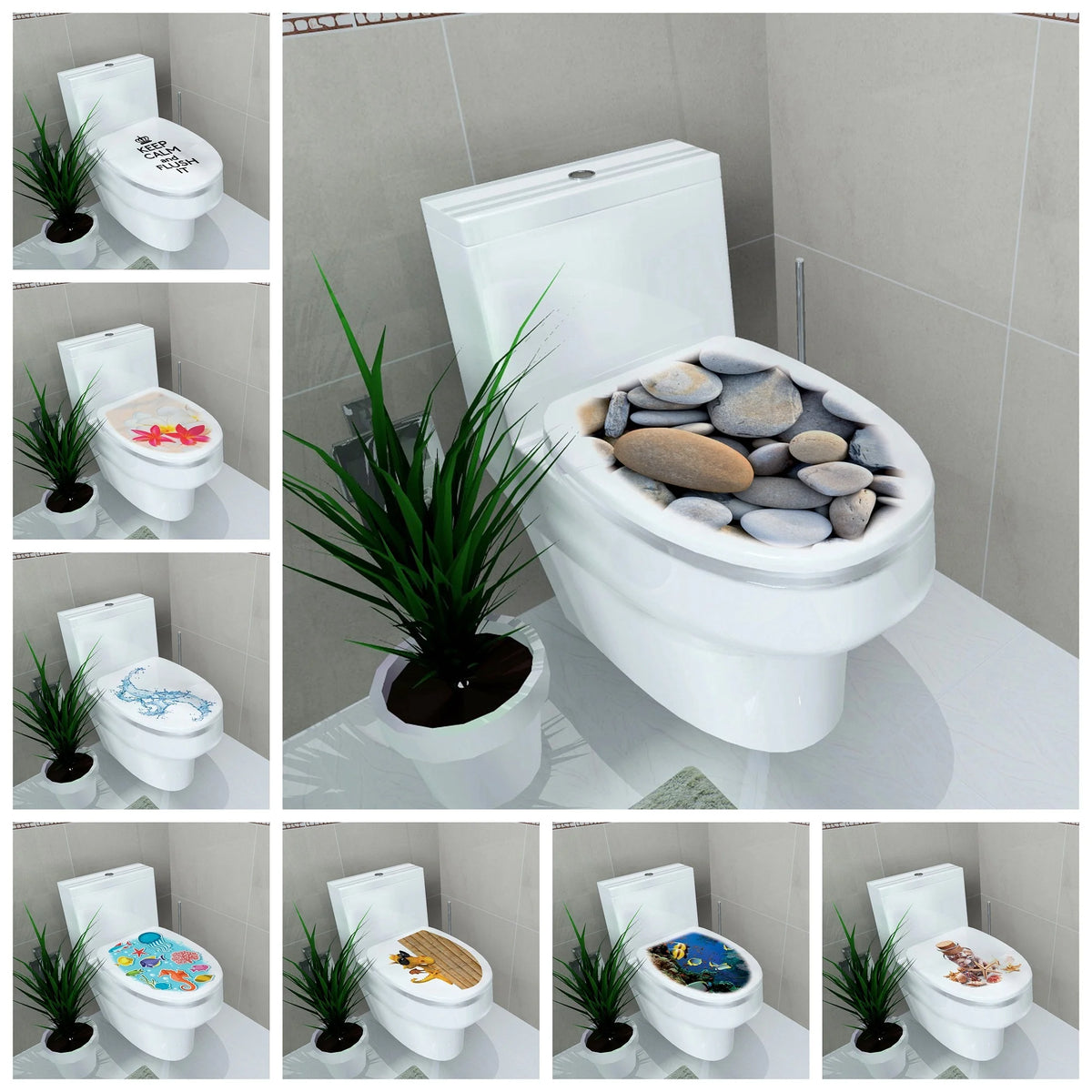 autocollants muraux toilette dessins animés motifs poissons vagues coquillages moderne adhésif couvercle blanc variés