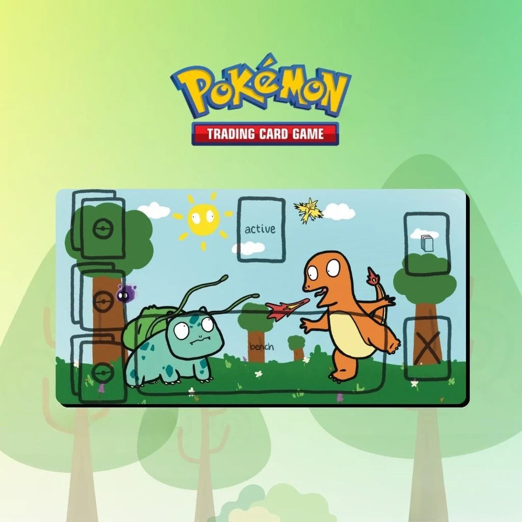 tapis jeu cartes pokémon illustration vert orange bleu blanc noir anti dérapant caoutchouc