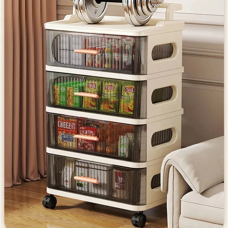 meuble rangement mobile tiroirs roulettes beige clair rayures horizontales moderne