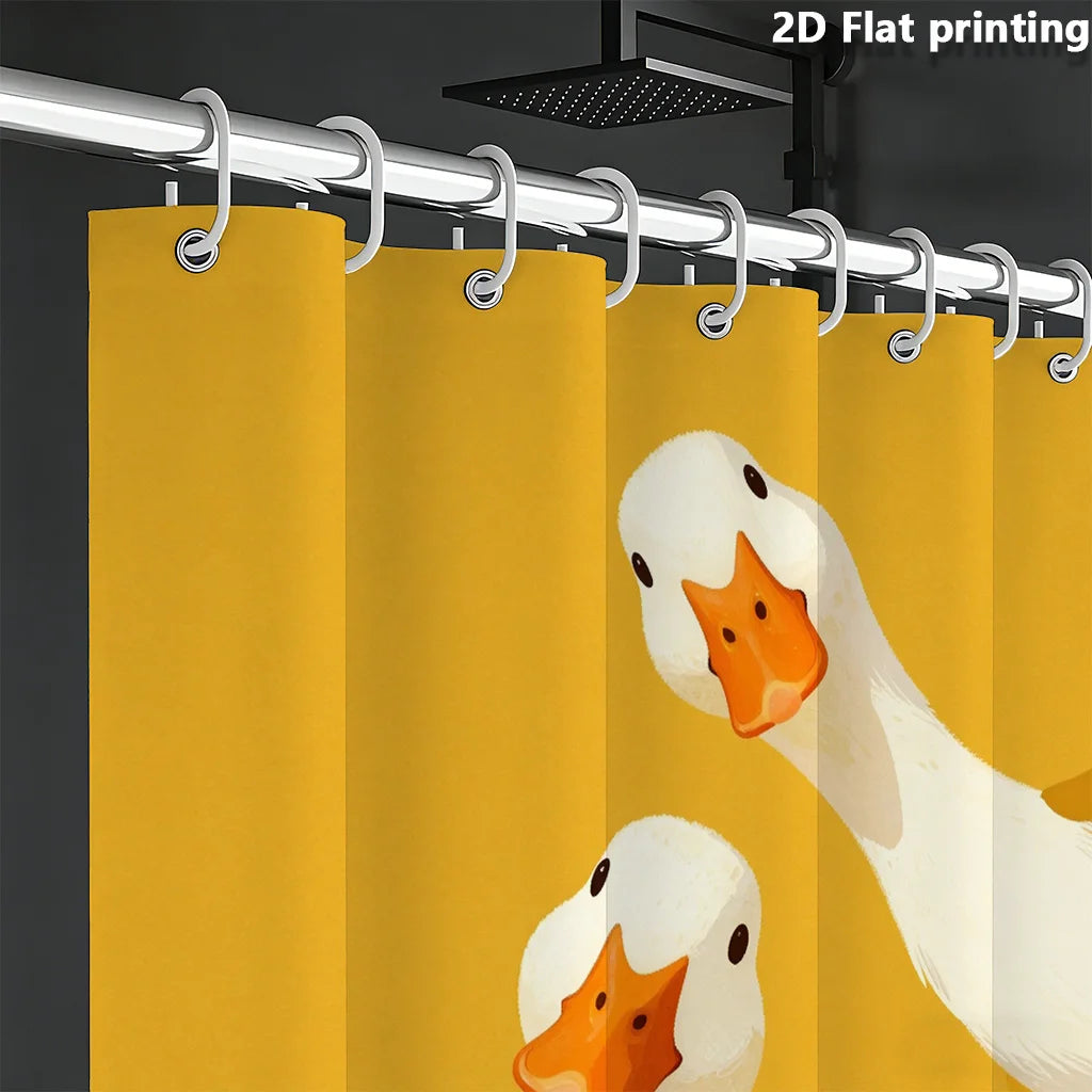 rideau douche jaune oiseaux canards illustration 2d anneaux métalliques opacité dessin animé salle bain
