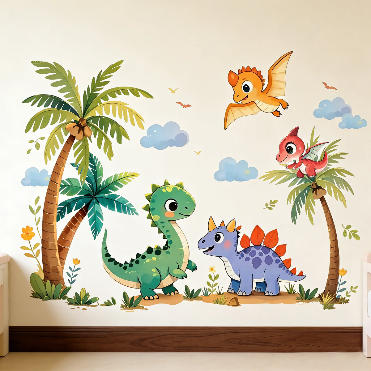 sticker mur dinosaure dessin animé palmier nuage fleur enfant chambre décoration unique