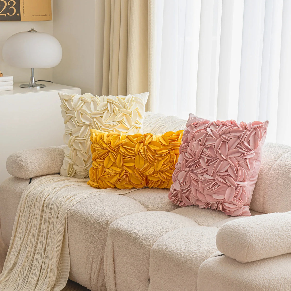coussin velours motif feuilles modernes rose blanc jaune décoration sofa lit chambre voiture