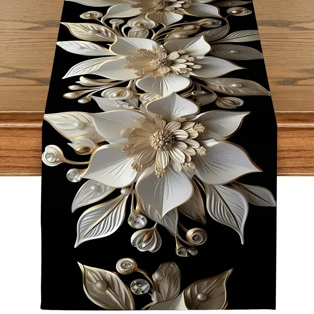 chemin table moderne fleurs stylisées noir blanc beige résistant antiscald