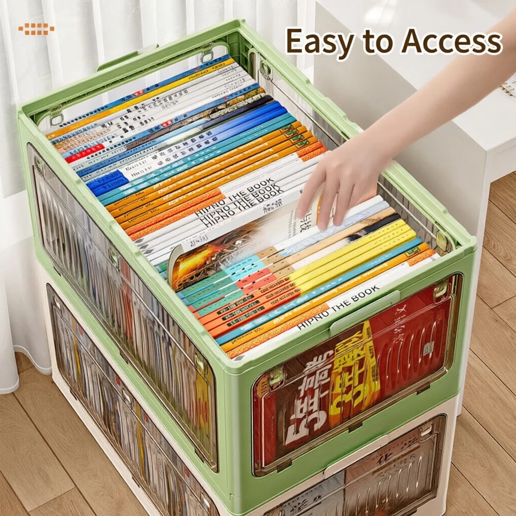 boîtes rangement livres transparentes couleurs beige verte orange moderne pliables pratiques