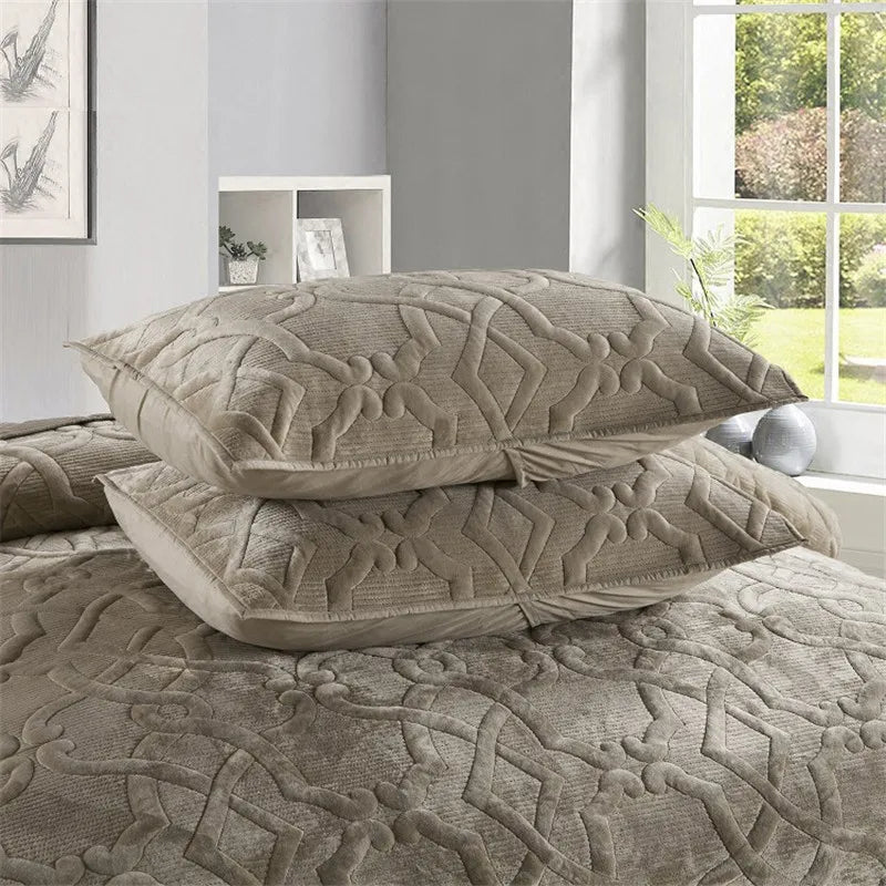 ensemble literie géométrique doux beige taupe chambre coucher couverture taies oreillers texturées