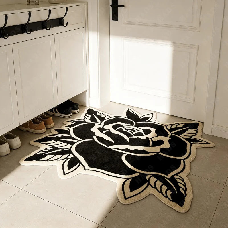 tapis noir blanc roses polka dots moderne salon chambre décoratif polyester polar fleece