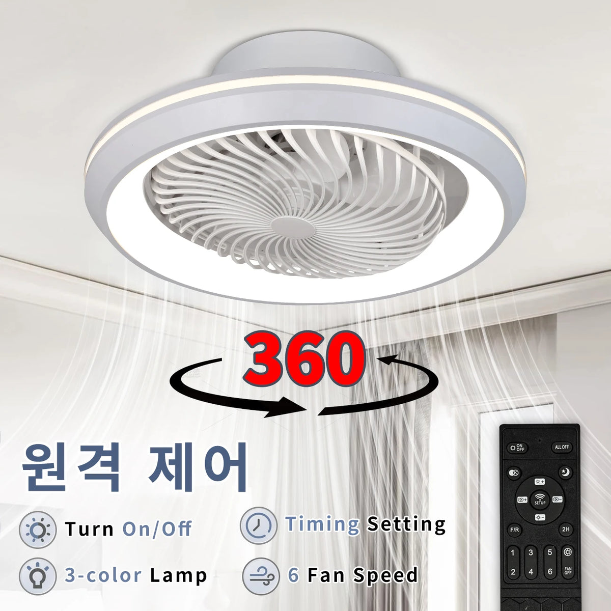 ventilateur plafonnier moderne lampe led blanc grille circulaire télécommande 49cm diameter