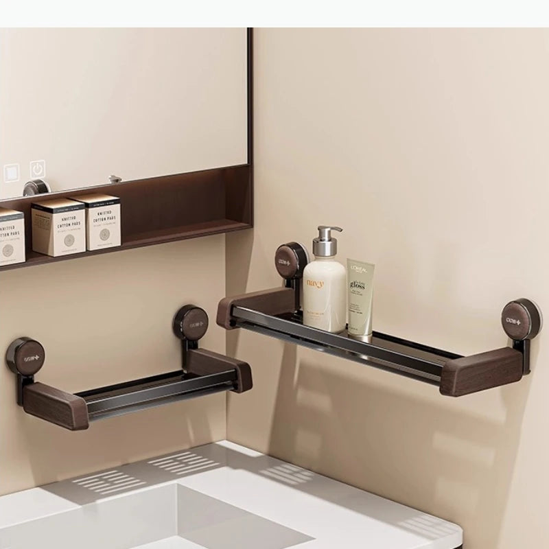 étagère murale ventouse bois imitation moderne rangement salle bain produits toilette serviettes minimaliste marron