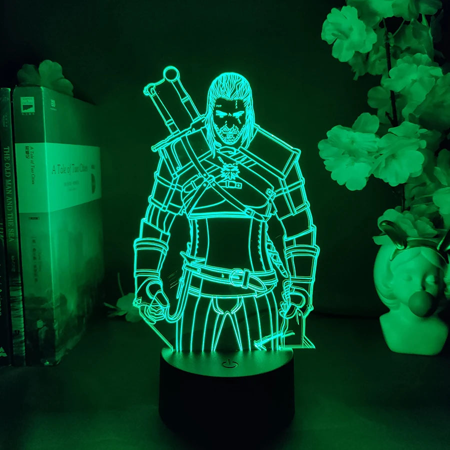 lampe led 3d figure personnage armé violet bleu rouge vert base télécommande