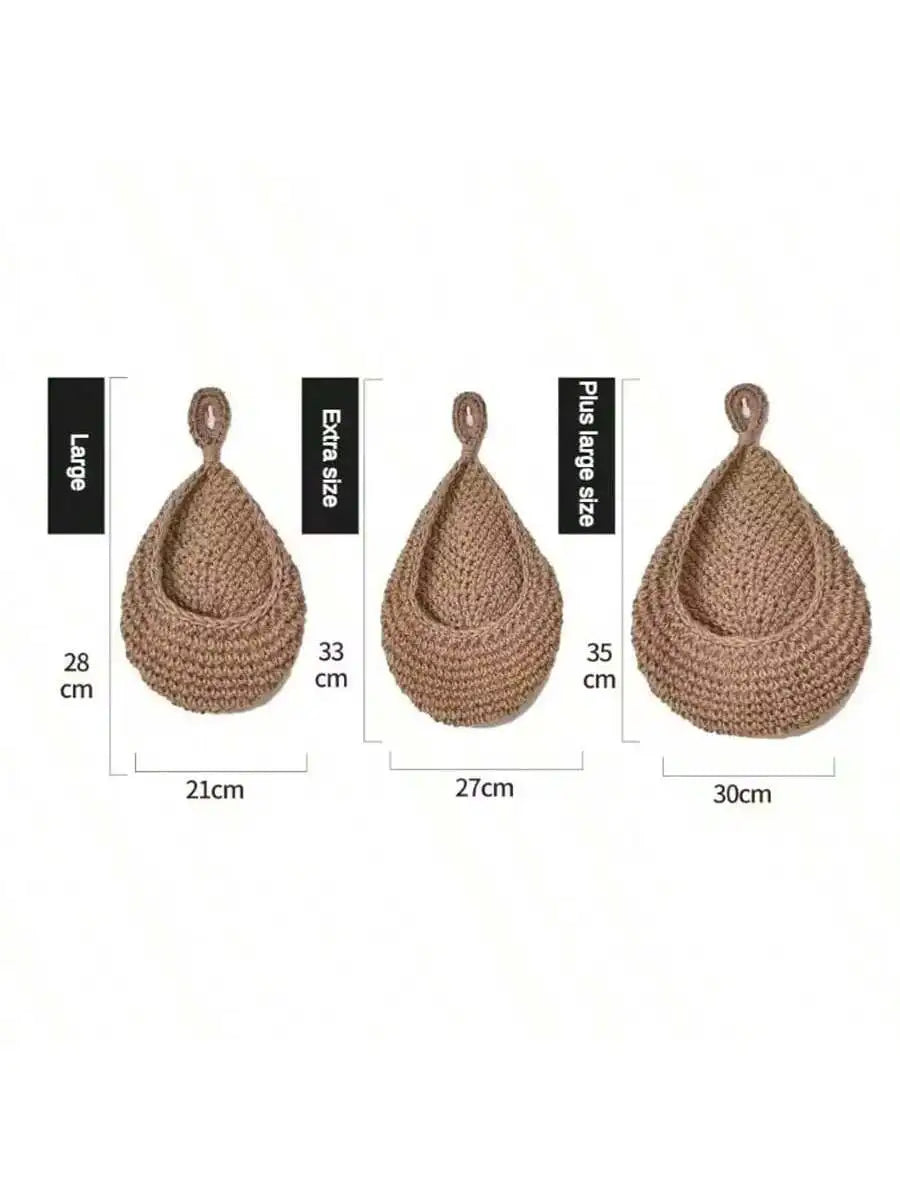 paniers suspendus tissu crocheté beiges rustiques respectueux environnement anneaux métalliques multifonctionnels rangement cuisine decoration