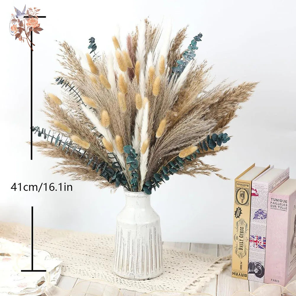 bouquet fleurs séchées eucalyptus roseau pampas beige blanc vert rustique décoration maison anniversaire mariage
