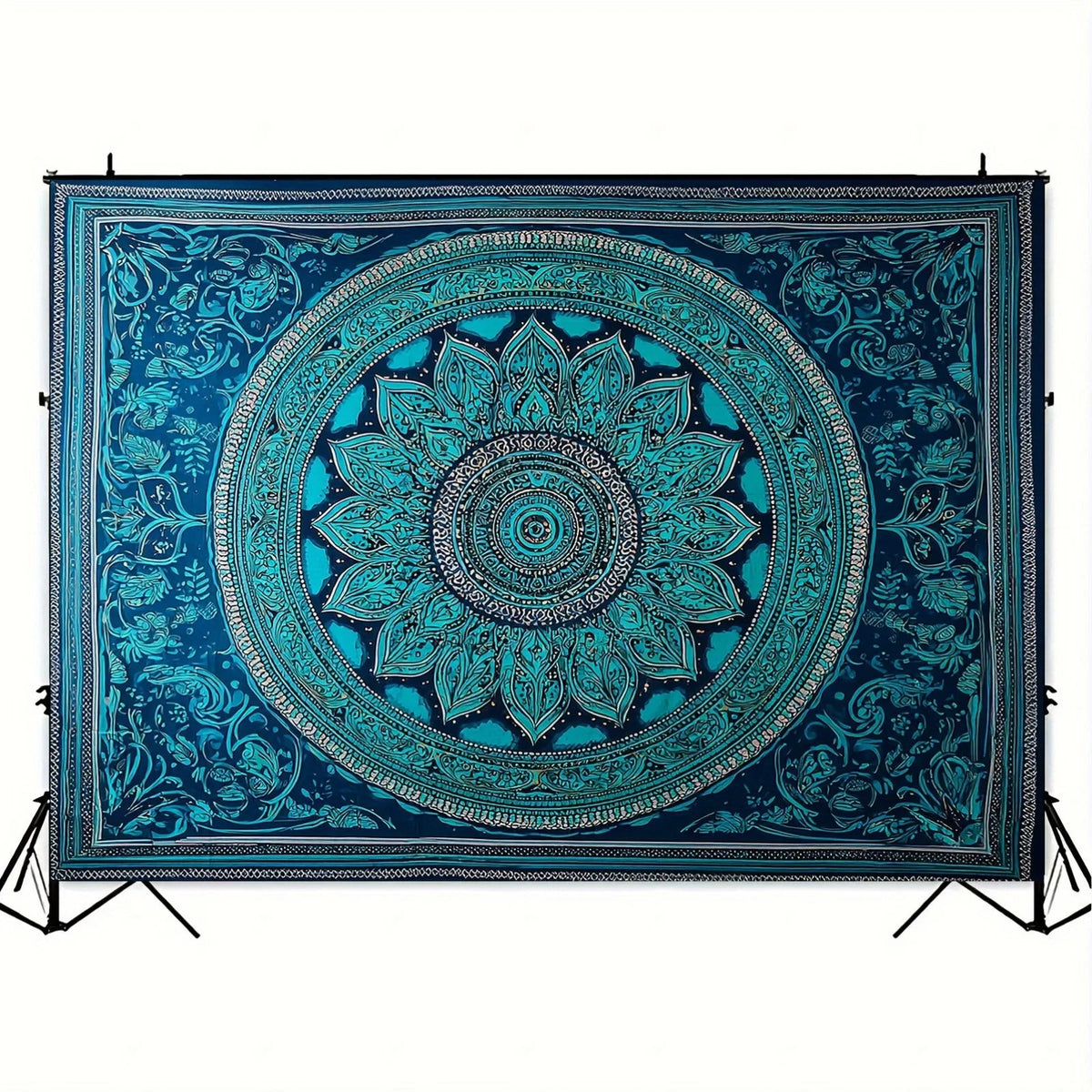 tapisserie boho mandala florale détaillée bleu turquoise ethnique fixations crochets large