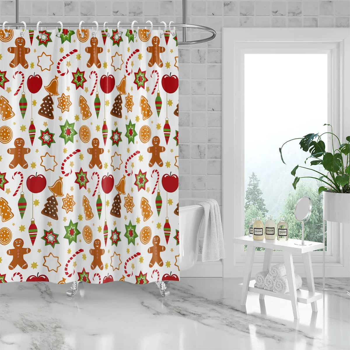 rideau douche noël biscuits décoration couleurs vives motifs joyeux 180x180cm polyester