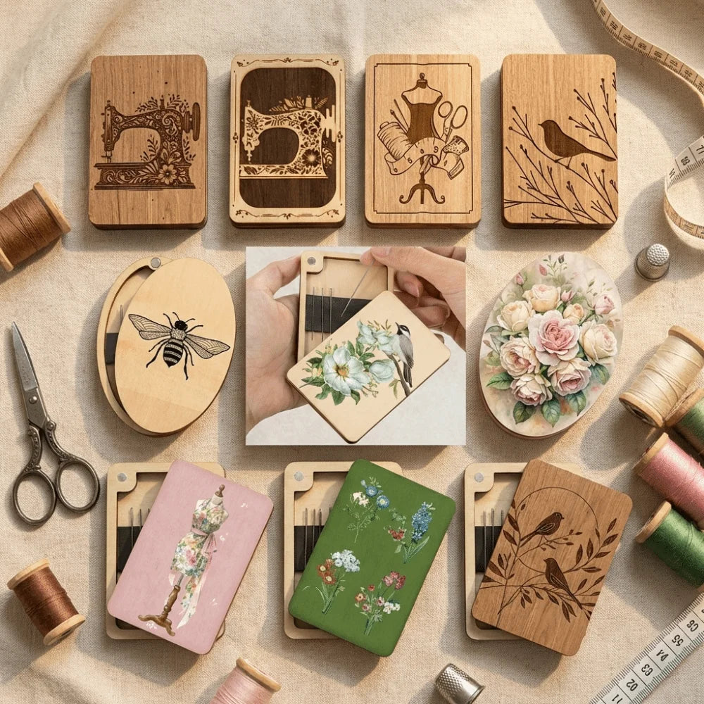 boîtes aiguilles clips magnétiques bois naturel dessins gravés vintage 6cmx9cm