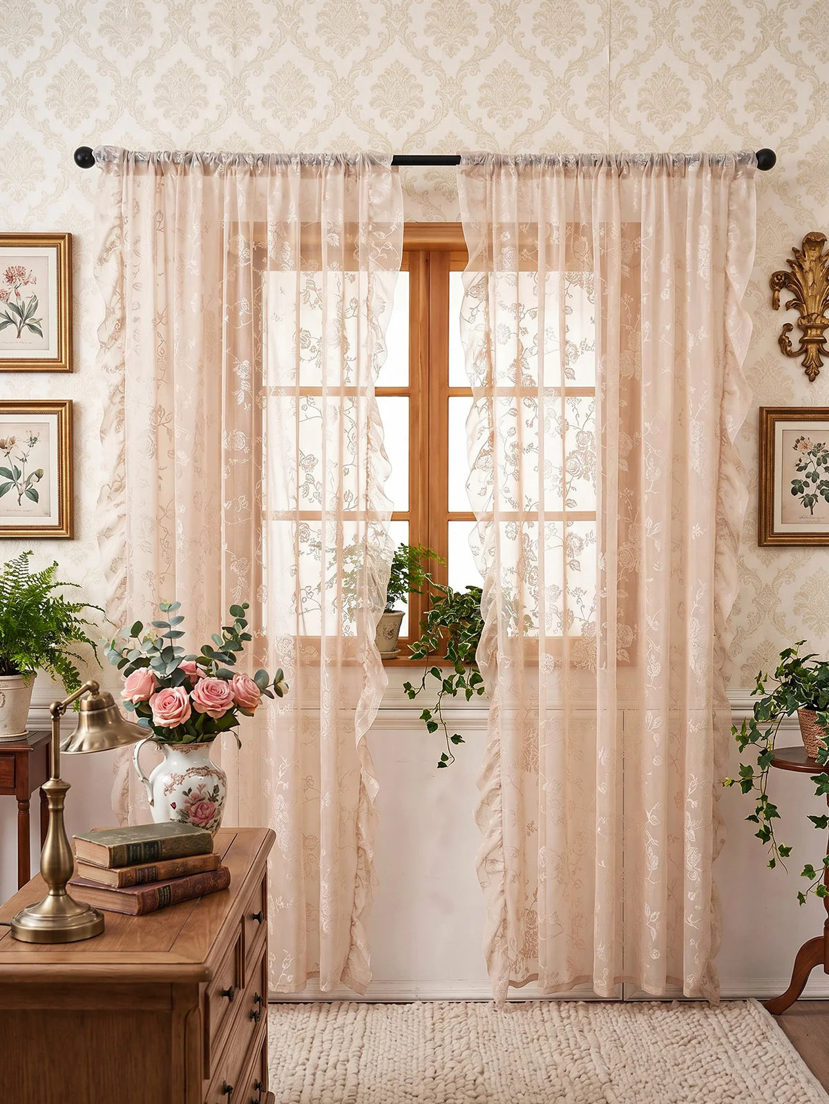 rideau floral brodé beige clair classique romantique translucide fenêtre décoration polyester