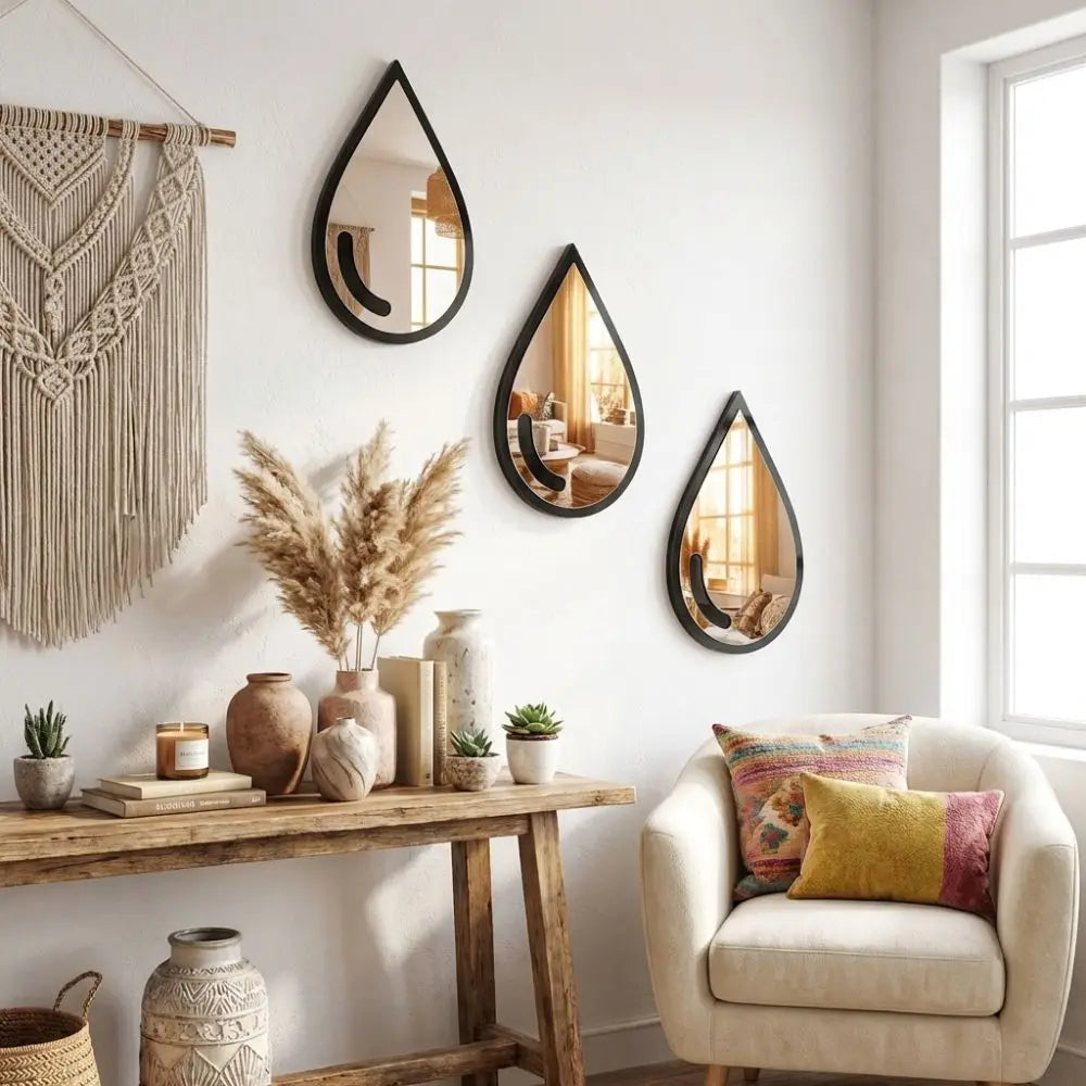 miroirs goutte d'eau noirs modernes fixer mur imperméables 15cmx9cm set