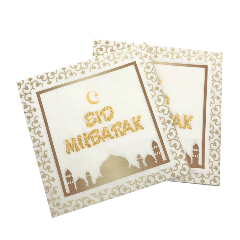 serviettes jetables festives eid mubarak motifs fleurs textes doré blanc İslam