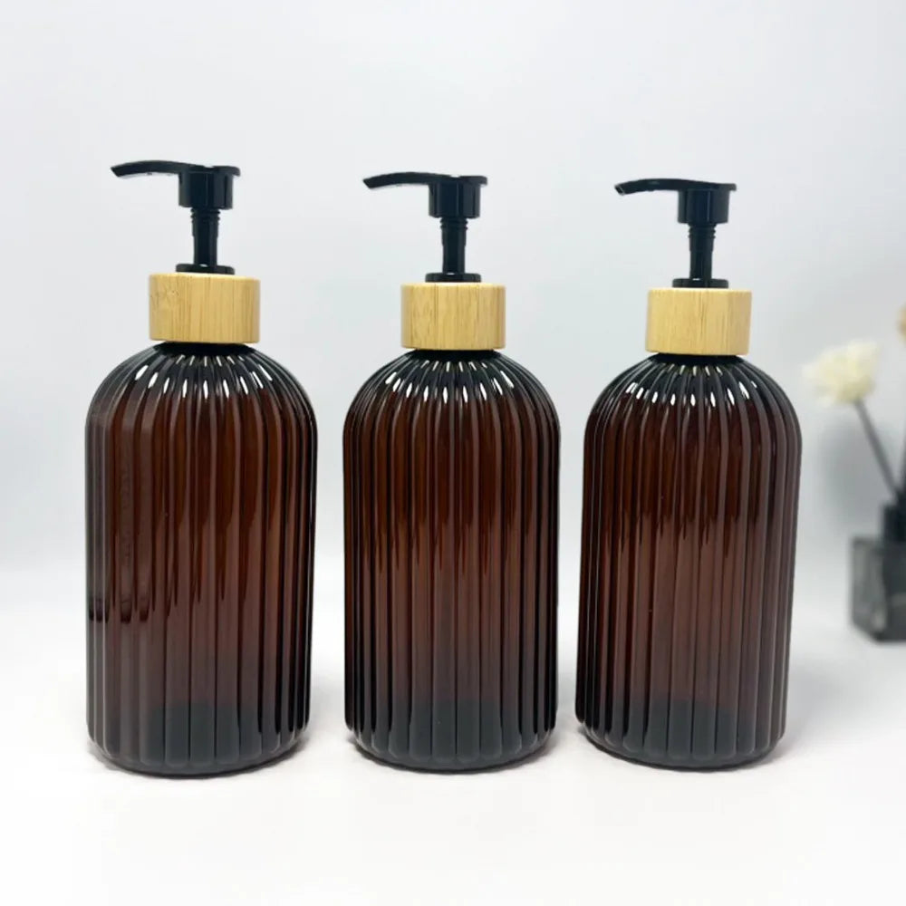 flacons savon liquide 500ml noir transparent vert olive marron rayures moderne pompe bois