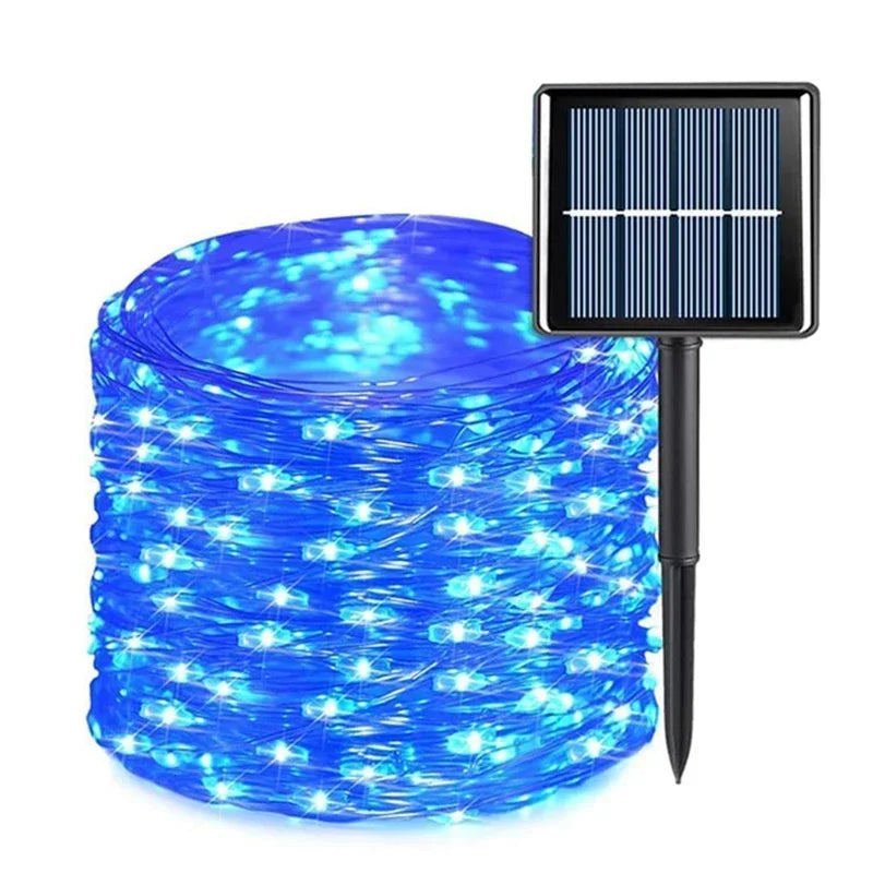 guirlande lumineuse solaire or multicolore bleu blanc filament led moderne spikes jardin 7m
