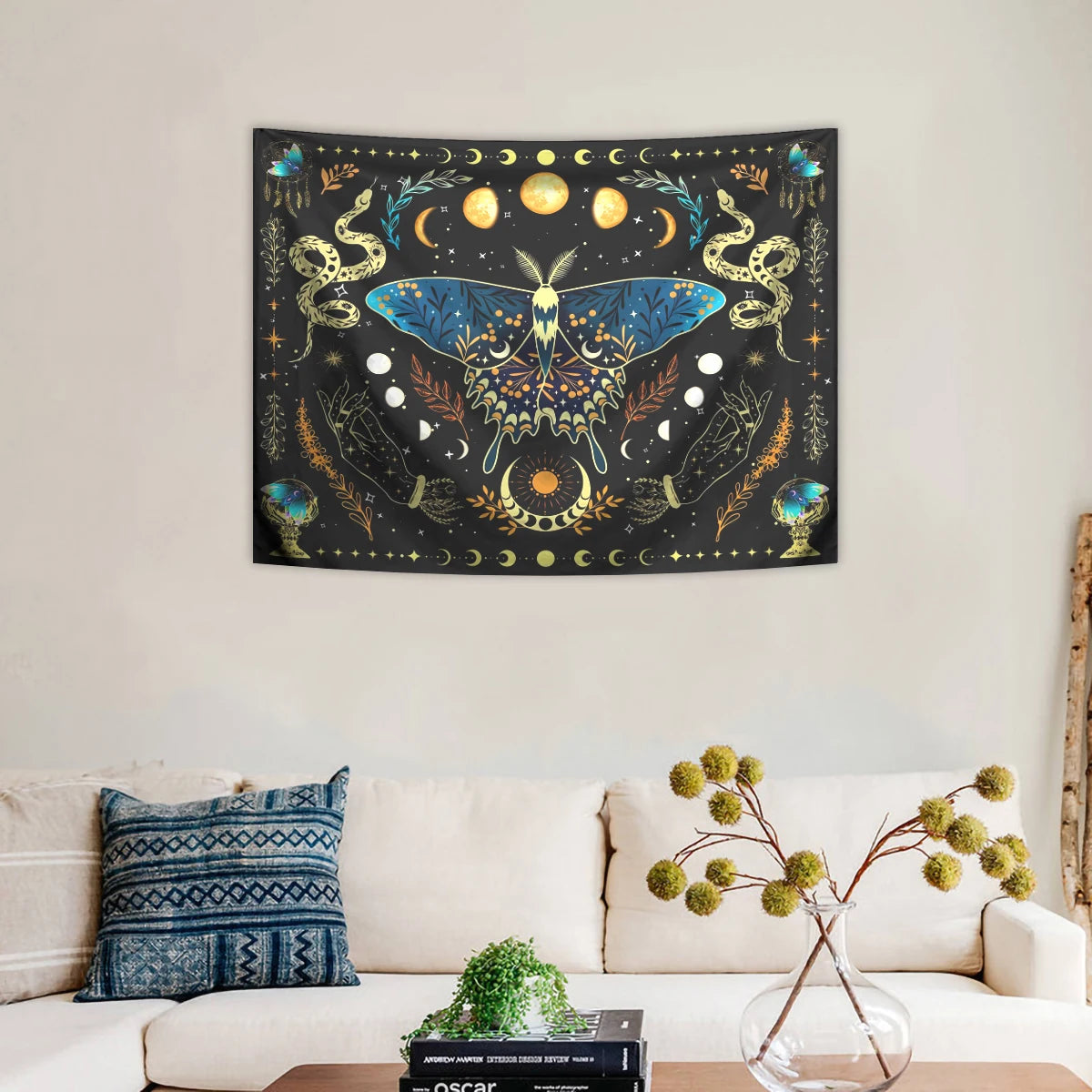 tapisserie plante motif papillon serpent lune étoile noir bleu doré blanc fantaisie clips