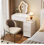 maquillage blanc moderne miroir ovale tiroirs accessoires lampe tabouret minimaliste