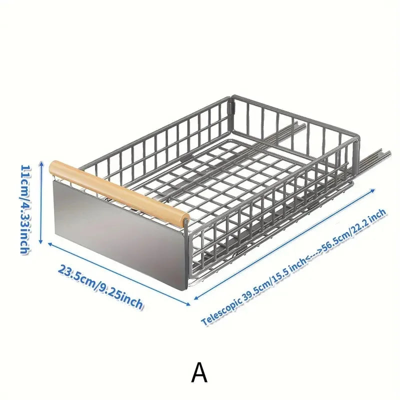 rangements métal pliables paniers maille fine gris moderne cuisine tringles poignées bois