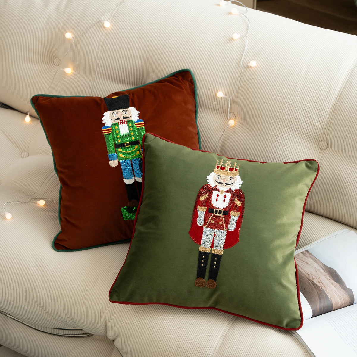 housses coussins décoration noël soldat flocons vert olive traditionnels fixations oreillettes coton polyester