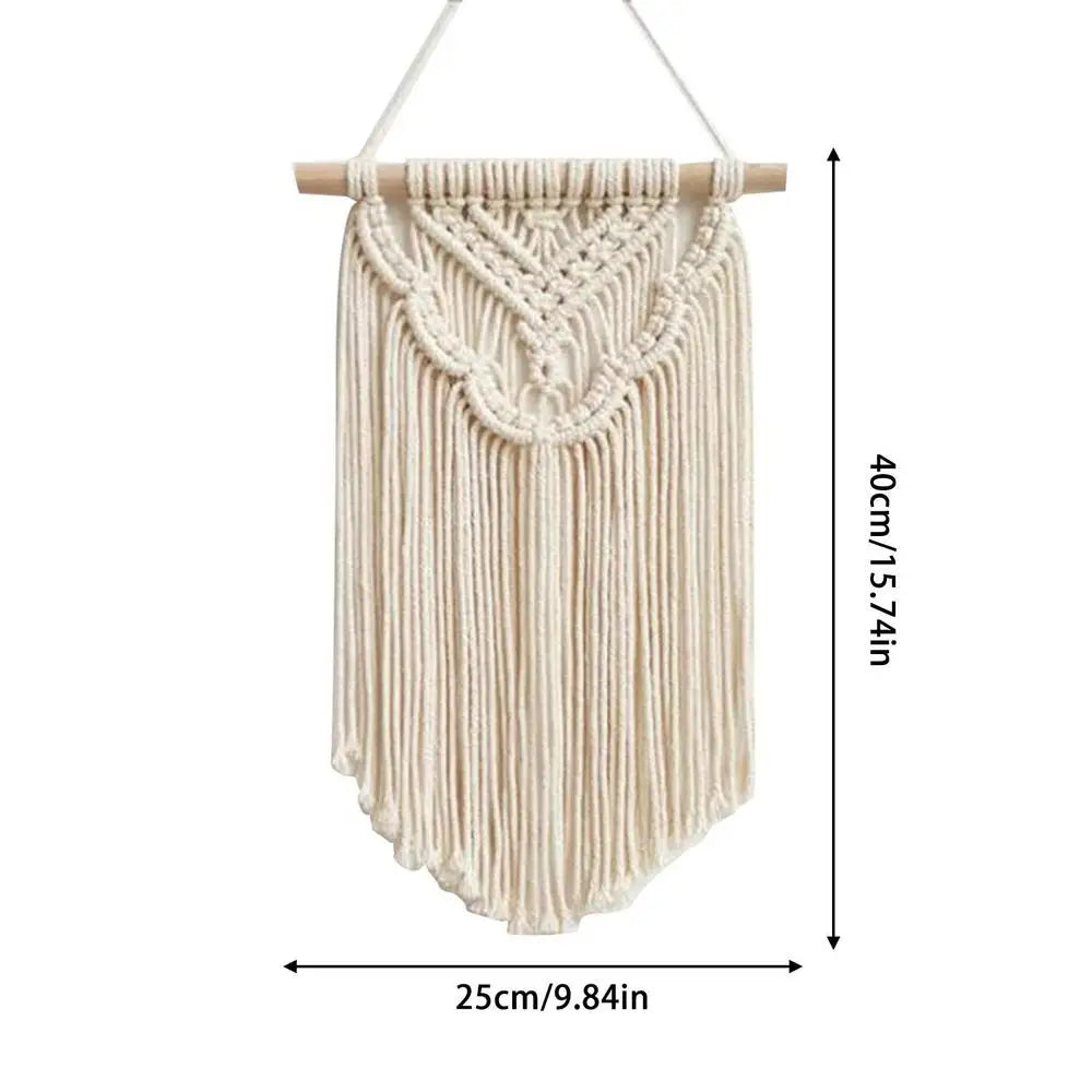 décoration murale macramé géométrique bohème franges suspendu tige bois ethnique artisanal triangles losanges