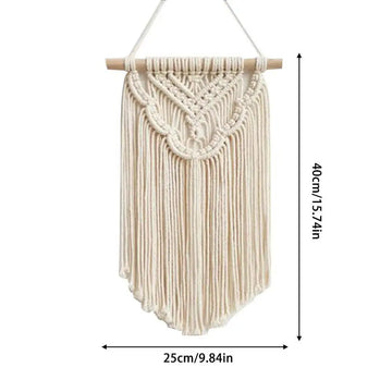 décoration murale macramé géométrique bohème franges suspendu tige bois ethnique artisanal triangles losanges
