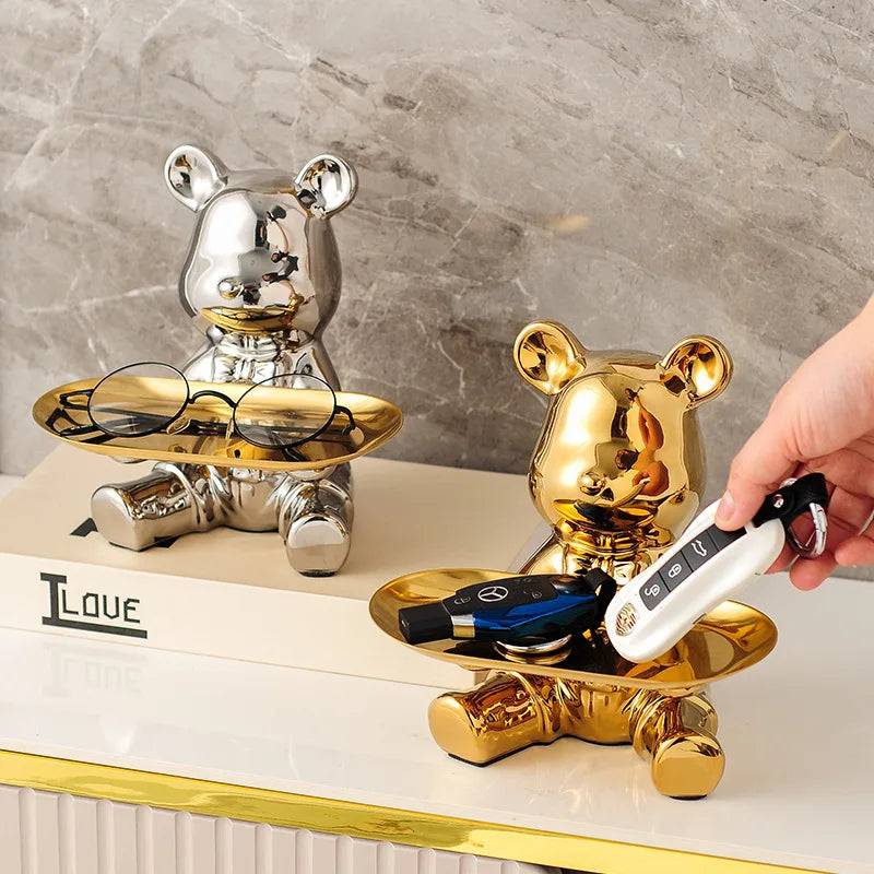 statue nounours céramique or argent moderne assiette rangement porte monnaie brillant tactileDecorationInterieur