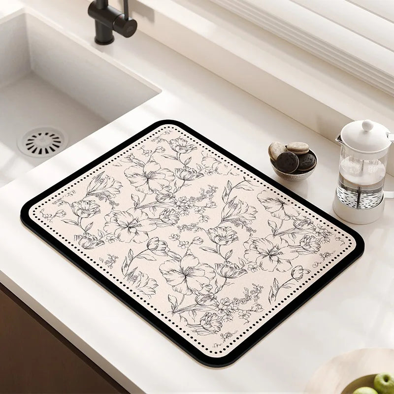 tapis cuisine moderne floral beige clair noir anti bactérie anti dérapant absorbant respectueux environnement