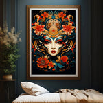 Une œuvre d'art sophistiquée représentant un visage féminin orné de motifs floraux et de symboles ésotériques, créant une impression fascinante et mystique.