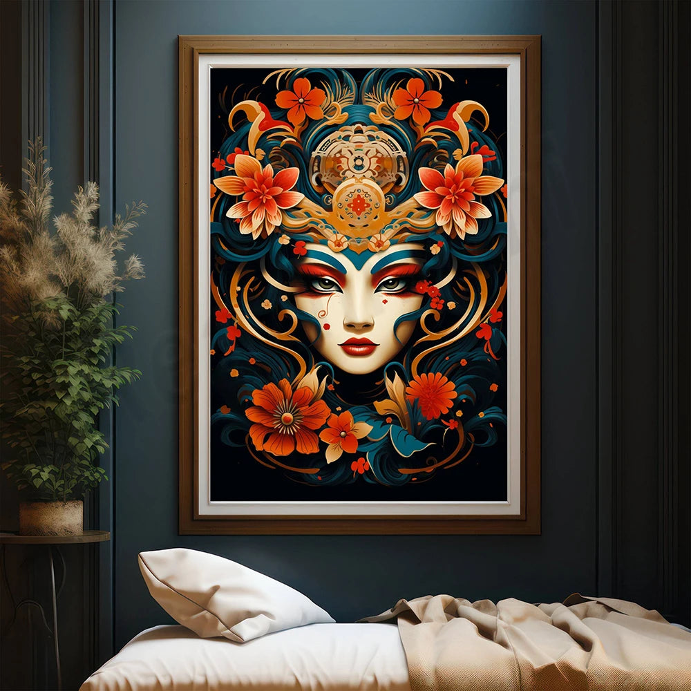 Une œuvre d'art sophistiquée représentant un visage féminin orné de motifs floraux et de symboles ésotériques, créant une impression fascinante et mystique.