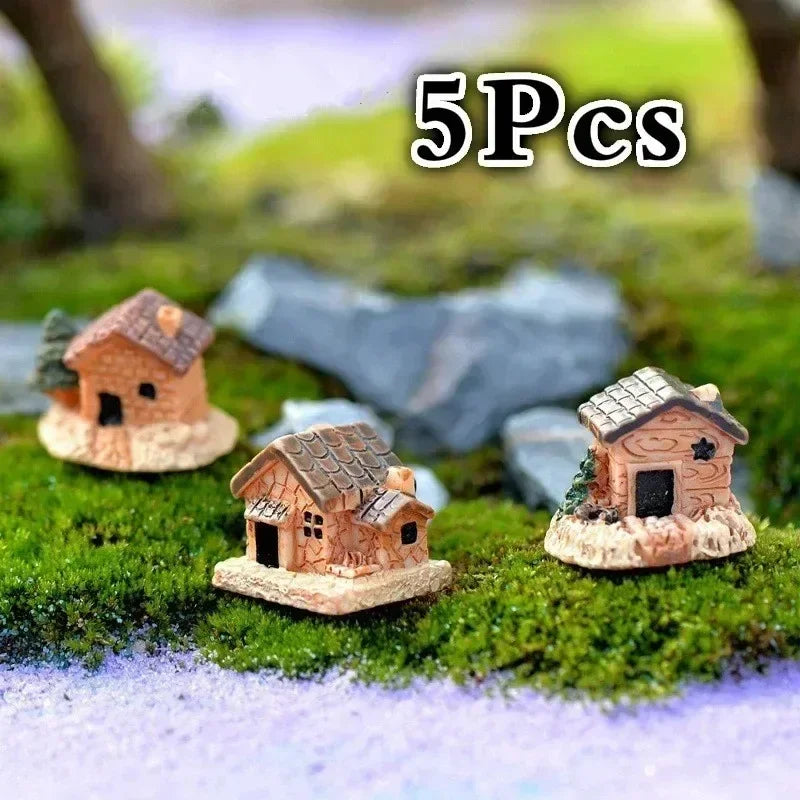 ornement jardin miniature maison rustique ancien texture bois pierre décoratif lot cinq pièces