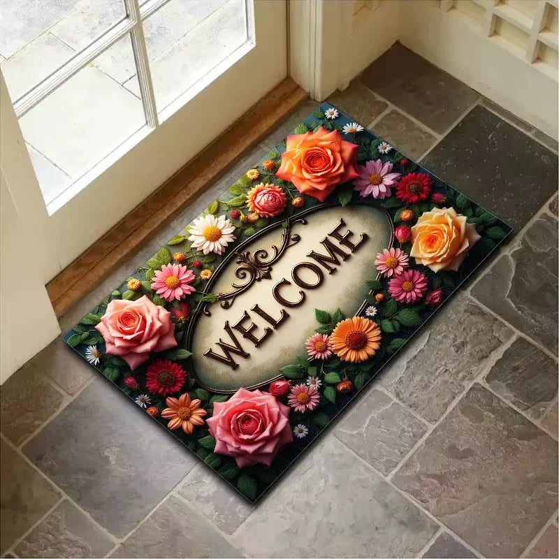 tapis d'entrée intérieur extérieur motif fleurs welcome texte doré classique décoration maison polyester