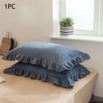 taies d'oreiller coton volants doux lit gris bleu vert rustique