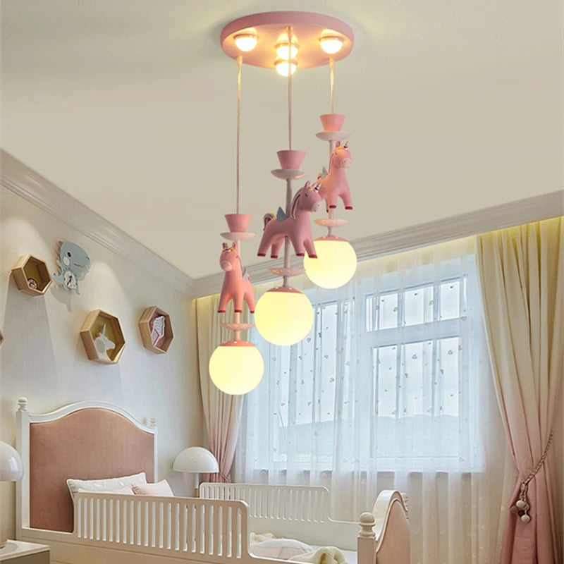 suspension lumineuse verre résine chevaux arc ciel moderne bleu rose enfant blanc contemporain