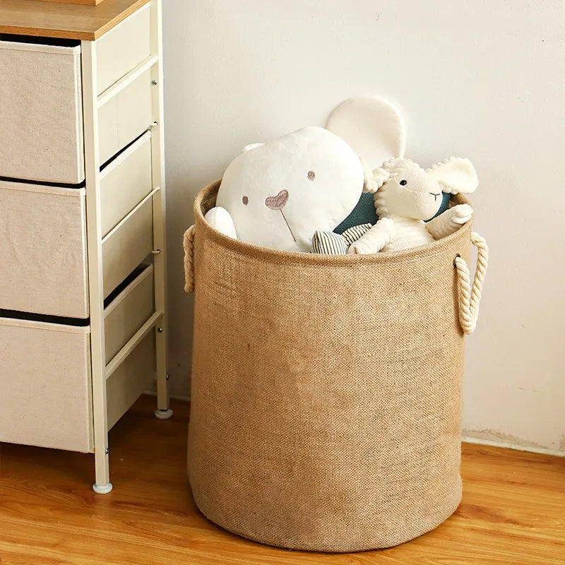 panier toile jute pliable imperméable poignées rustique beige blanc(franges)