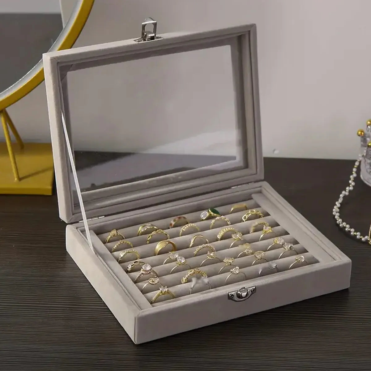 boîte bijoux velours gris moderne cadenas rangement bague boucle d'oreille portable commercial domestique