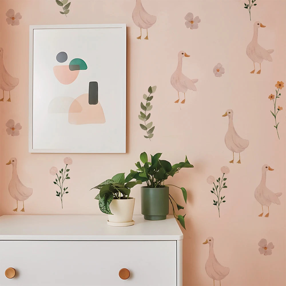 sticker mural oies fleurs enfants decoration aquarelle pastel lit bébé table chevet commode