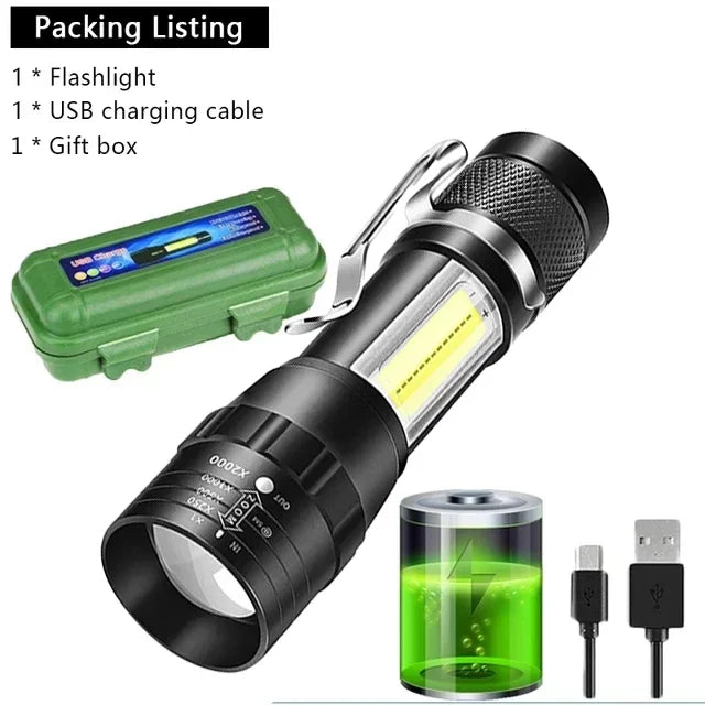 lampe torche noire rechargeable zoomable lumières led modes strobe campingurgence
