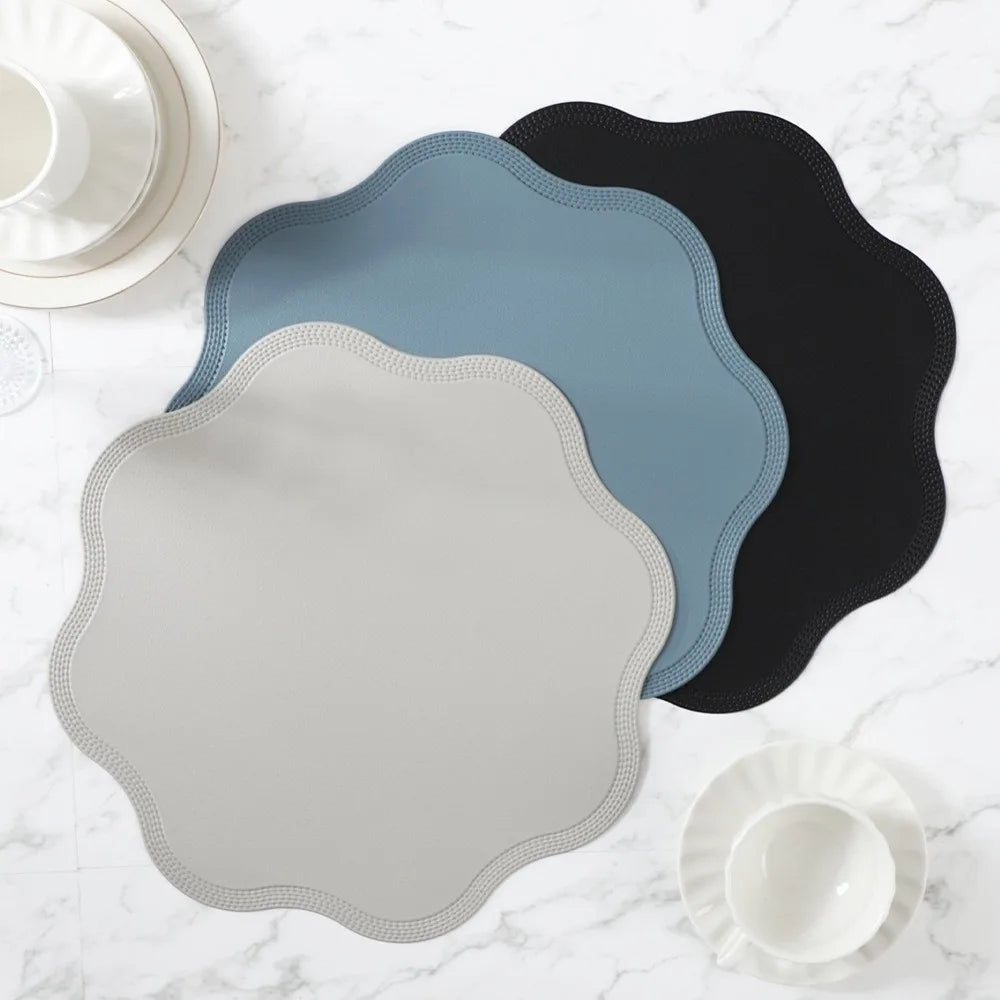 placemat moderne bleu rose gris élégant bords dentelés bord assiette fourchette couteau resistant