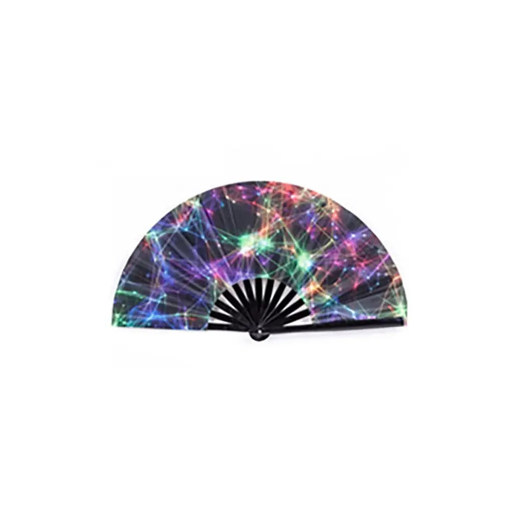 éventail pliant bambou tissu noir multicolore motif géométrique classique moderne