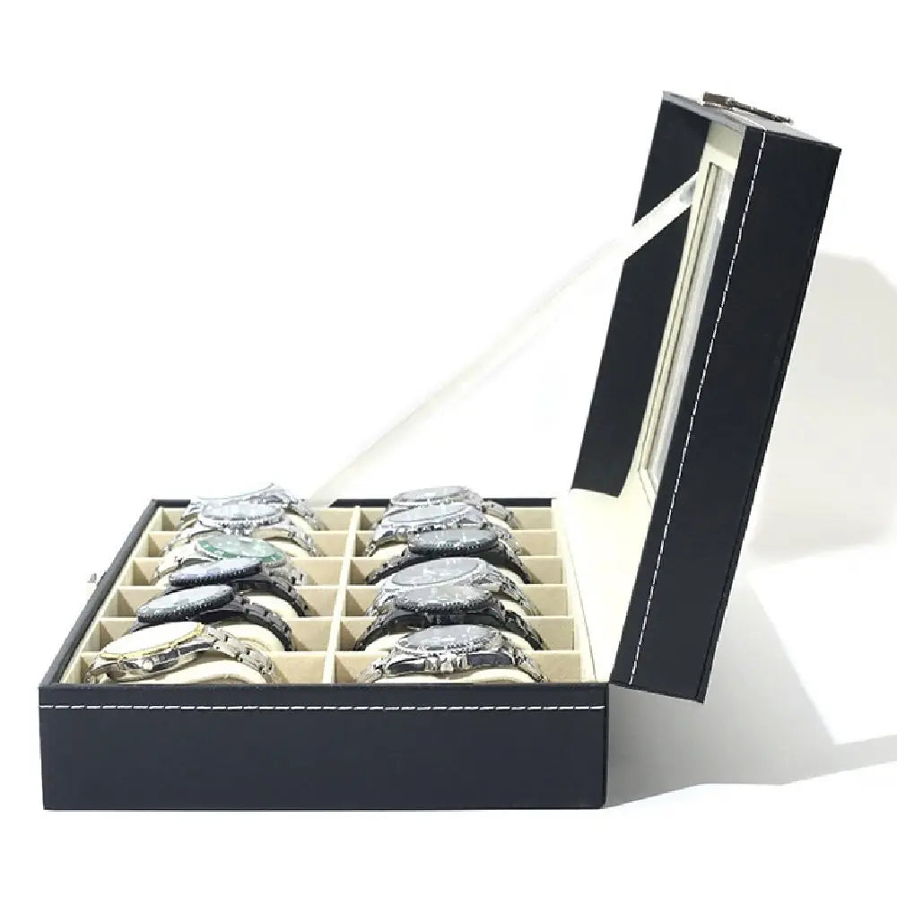 boîtes montres simili cuir noir classiques cadenas grilles variées rangement sécurisé