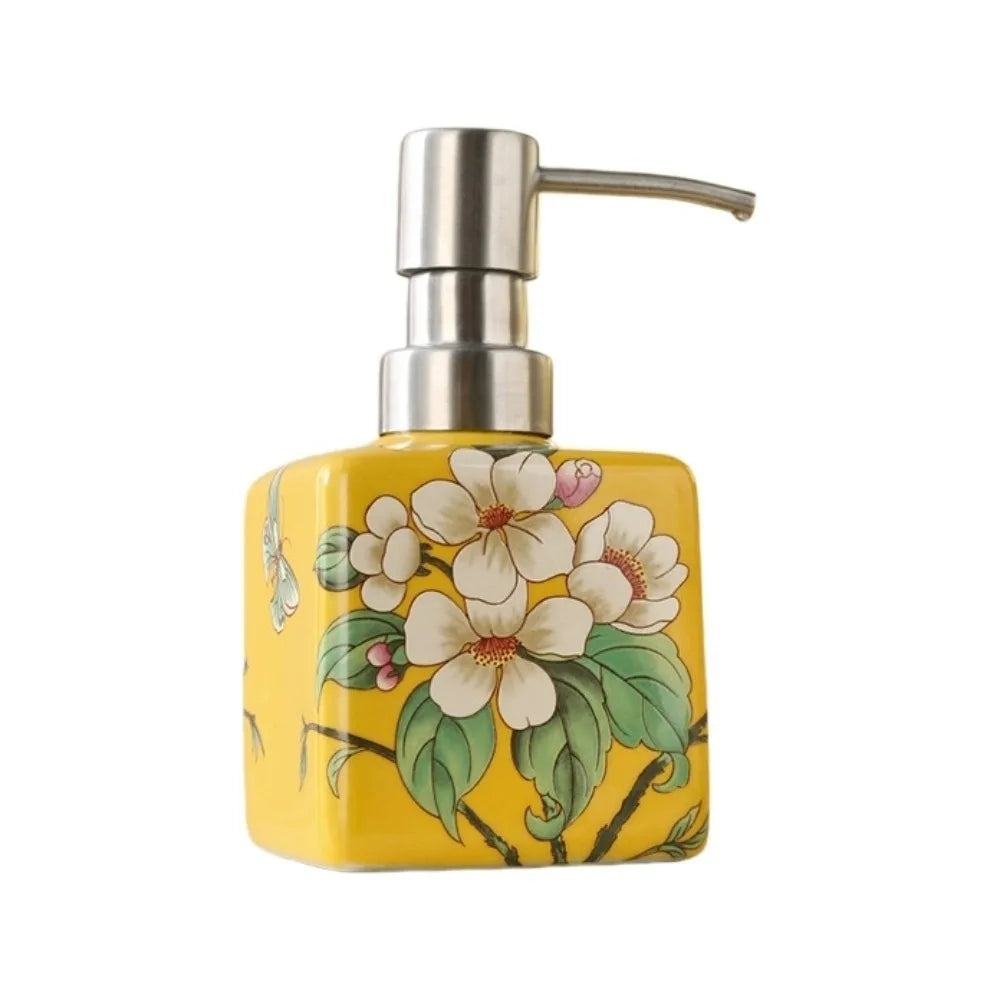 distributeur savon liquide fleurs papillon bleu jaune rose étanche rechargeable classique floral maison