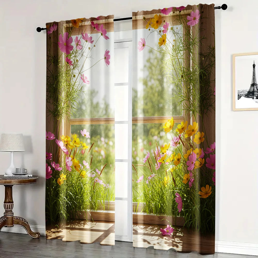 rideau fleuri multicolore semi transparent moderne polyester pièces decoration festive