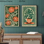 affiches modernes toile fleurs stylisées vert orange beige sans cadre