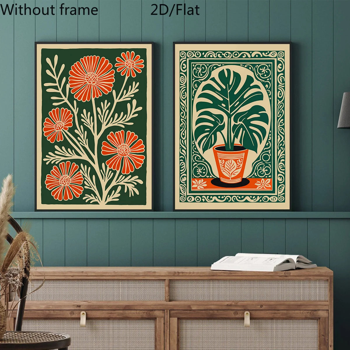 affiches modernes toile fleurs stylisées vert orange beige sans cadre