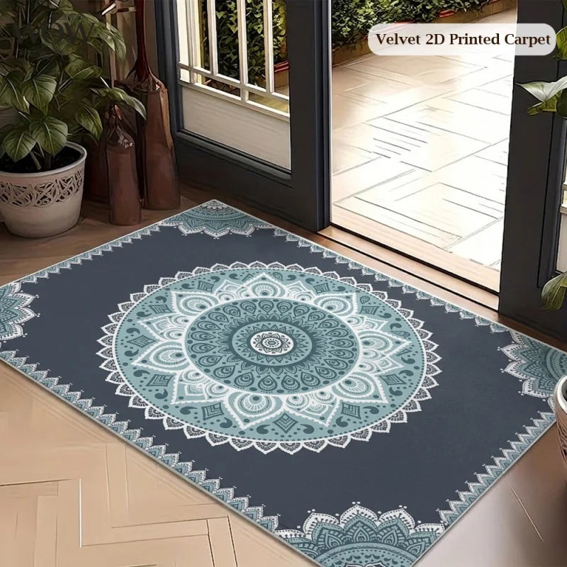 tapis mandala fleurs ethnique polyestere antibacterien antidrapant extérieur salon bleu rouge vert gris moderne